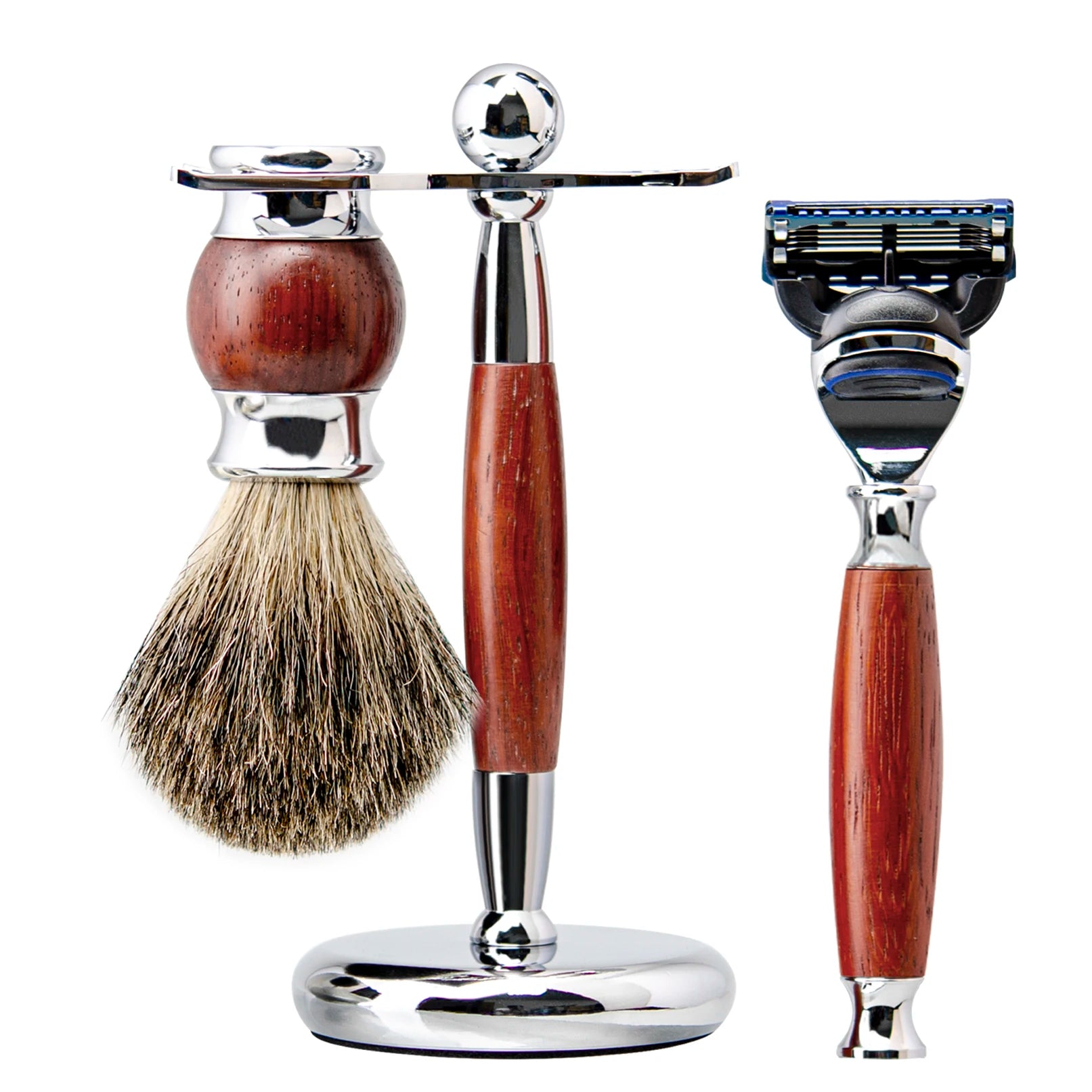 Barbers Stand Wet Shaving Safety Razor Kit with Badger Hair Brush and Five Blades