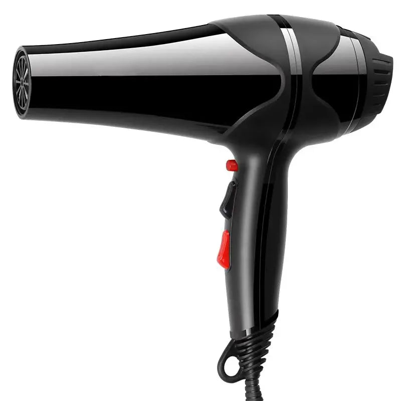 Professional black ionic hair dryer with a sleek finish, red control switches, and a cool shot button.