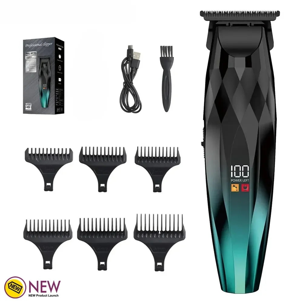 Black and green cordless T-blade trimmer with diamond-textured body, digital battery display, six guides, and charger.