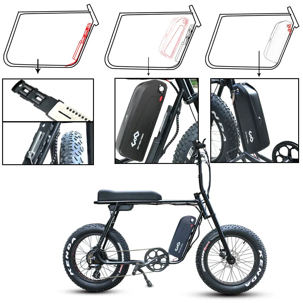 Black electric bike with removable lithium battery, fat tyres, and installation diagrams showing frame mounting.