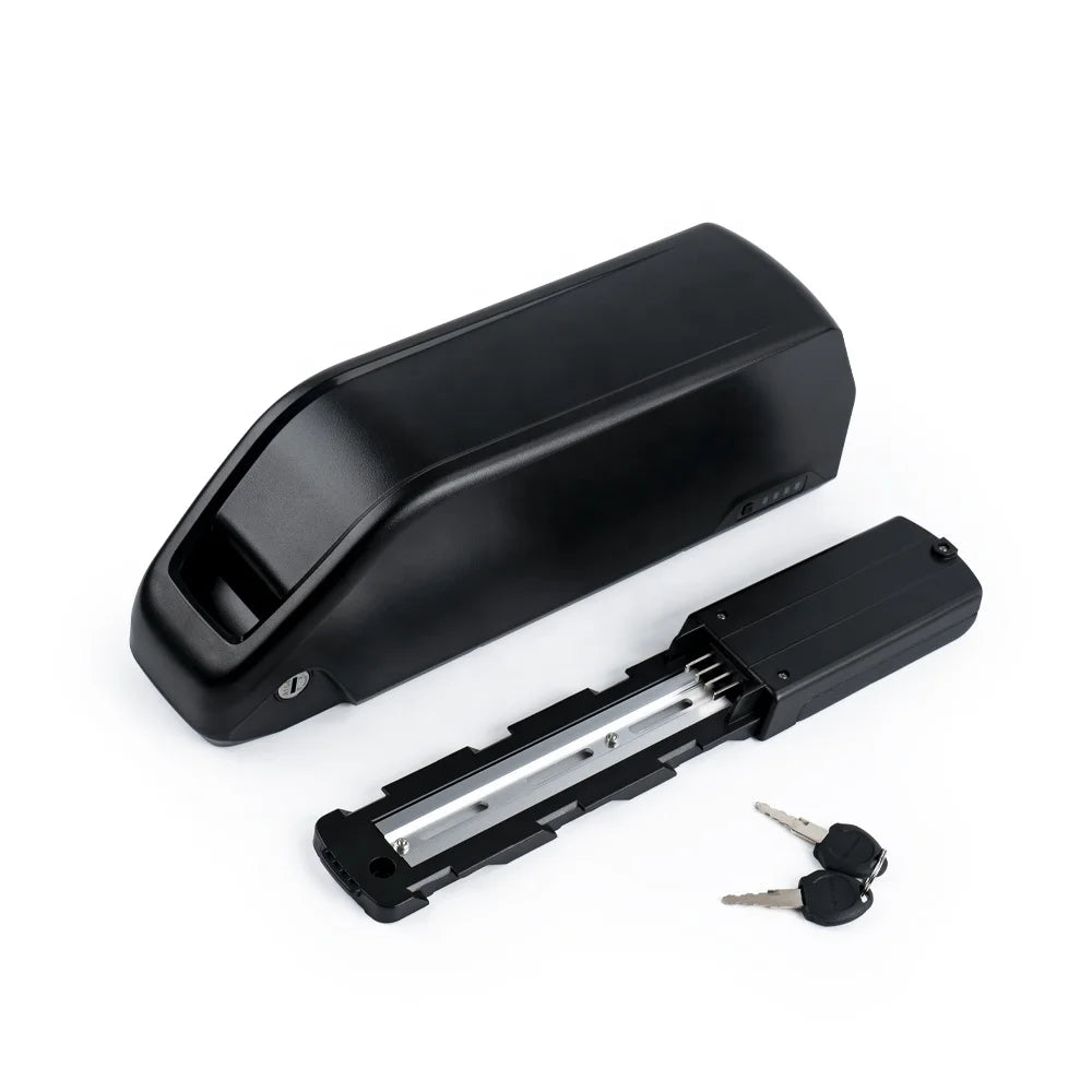 Black e-bike battery with a mounting bracket and two keys, isolated on a white background.