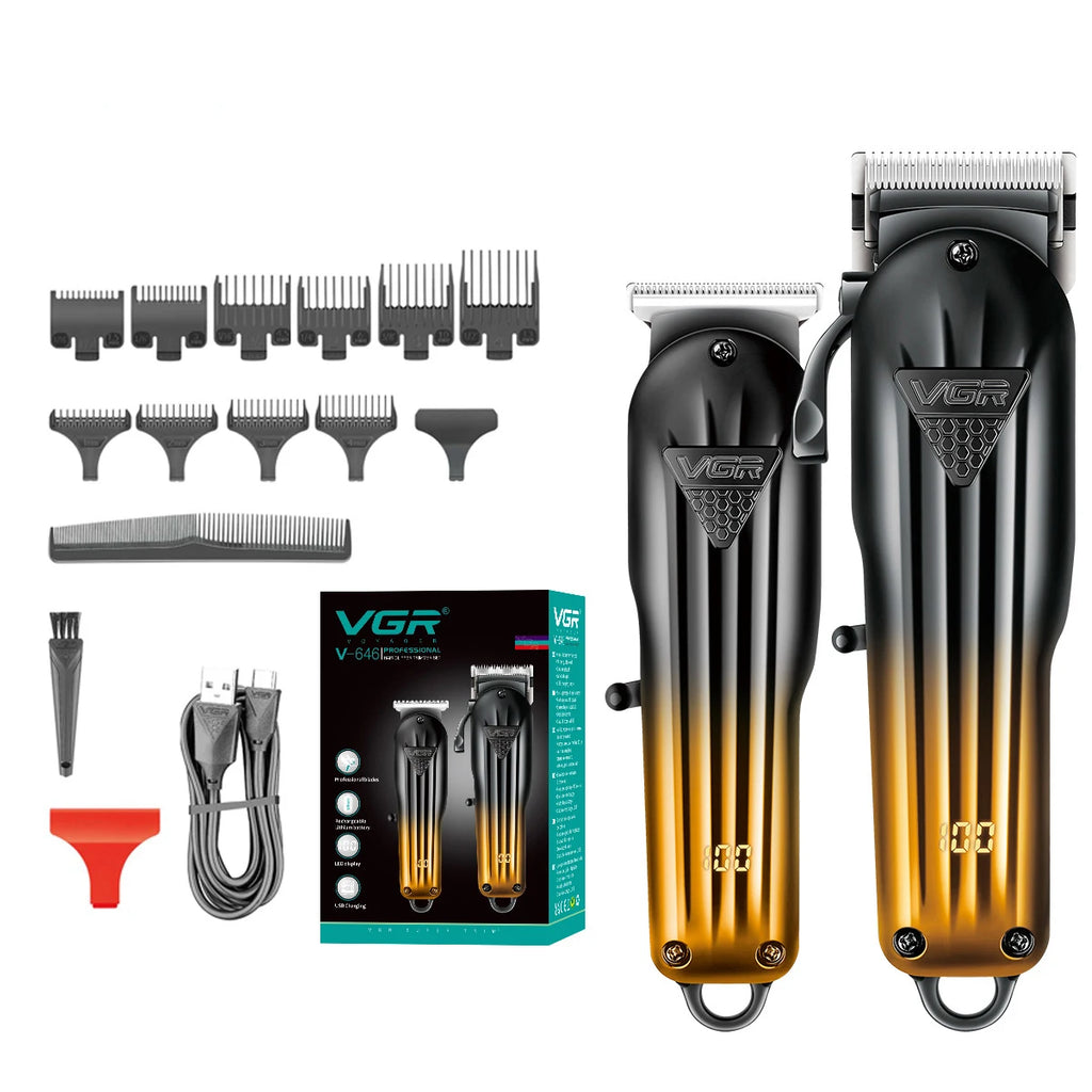 Black and gold cordless hair clipper set with LED battery display, multiple attachment combs, and accessories.