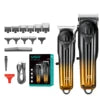 Professional cordless hair clipper set in black and gold gradient, featuring multiple guide combs and USB charging.