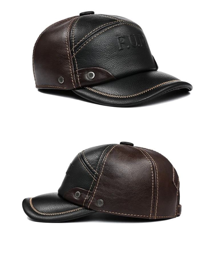 Men's black and brown genuine leather baseball cap with foldable ear flaps, metal press-studs, and contrast stitching.
