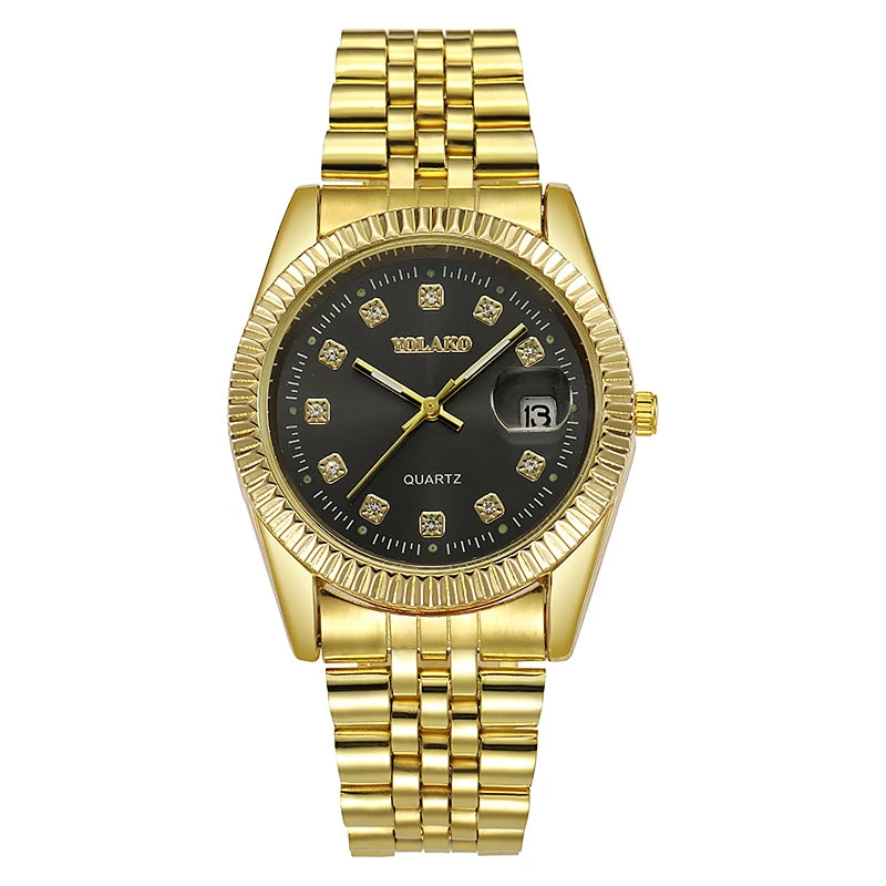 Men's gold-tone quartz watch with a black dial, rhinestone hour markers, fluted bezel, and metal link bracelet.