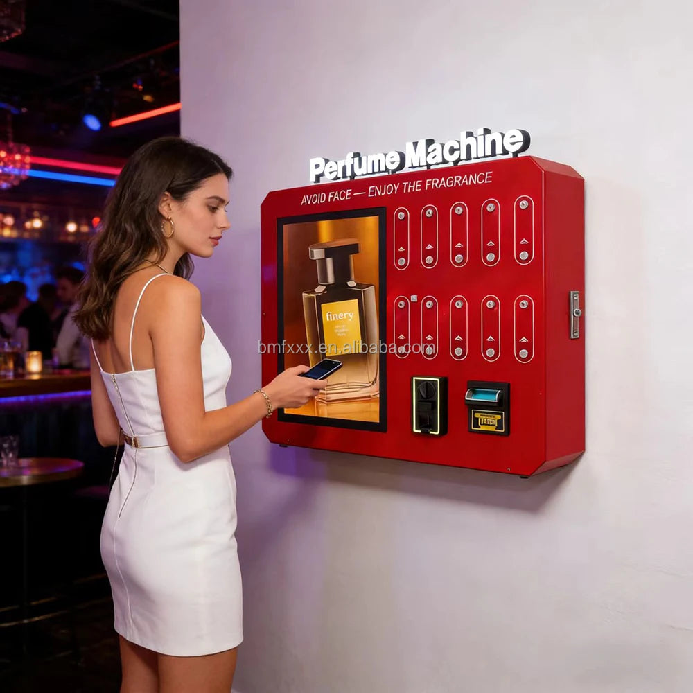A woman uses a modern, wall-mounted red fragrance vending machine with a digital screen and ten selection buttons.
