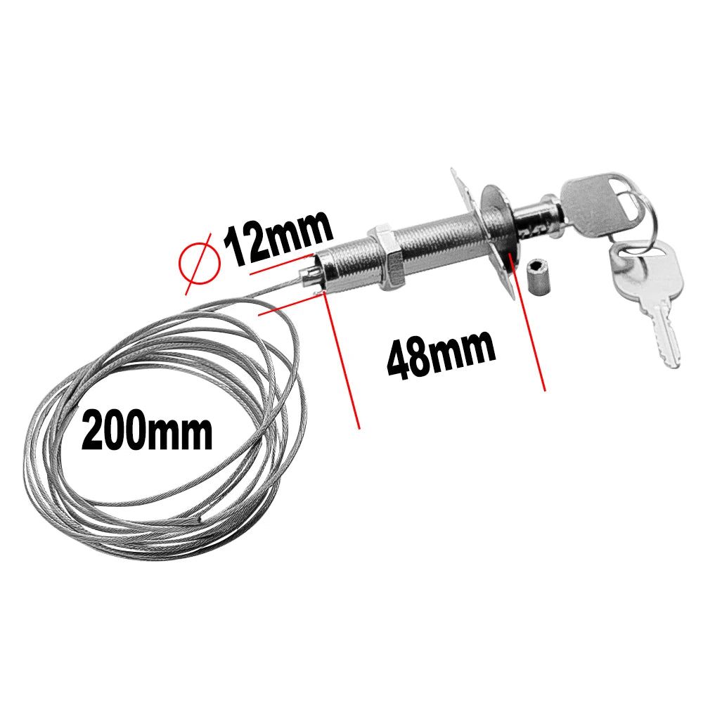 Silver metal cabinet cam lock with a 200mm steel cable, 12mm diameter, 48mm length, and two keys.