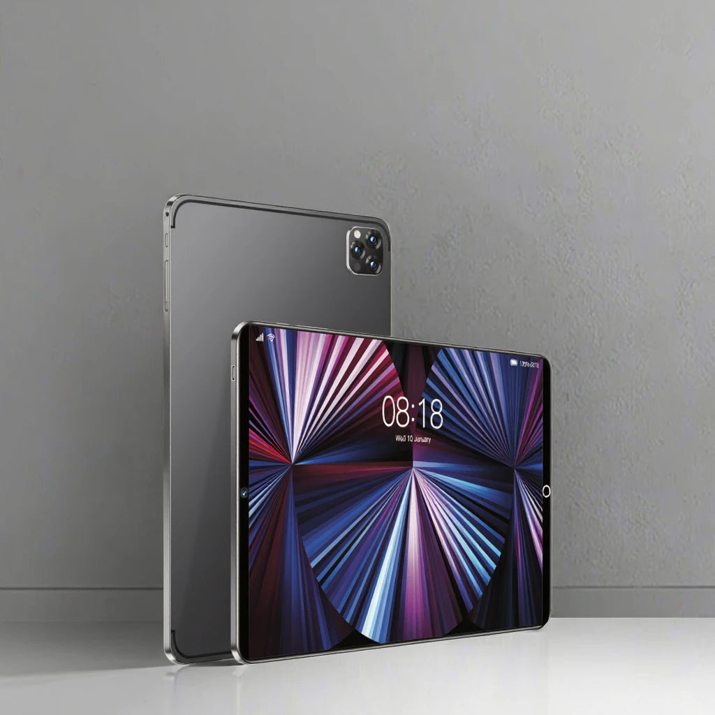 Sleek grey 10.1-inch tablet with a vibrant abstract display and a modern triple-lens rear camera module.