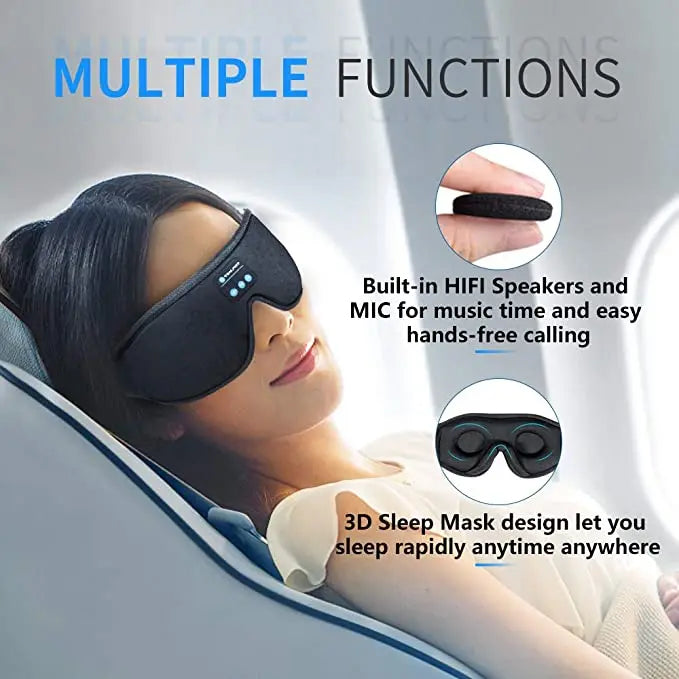 Black 3D sleep eye mask with integrated Bluetooth headphones, built-in speakers and microphone for hands-free audio.