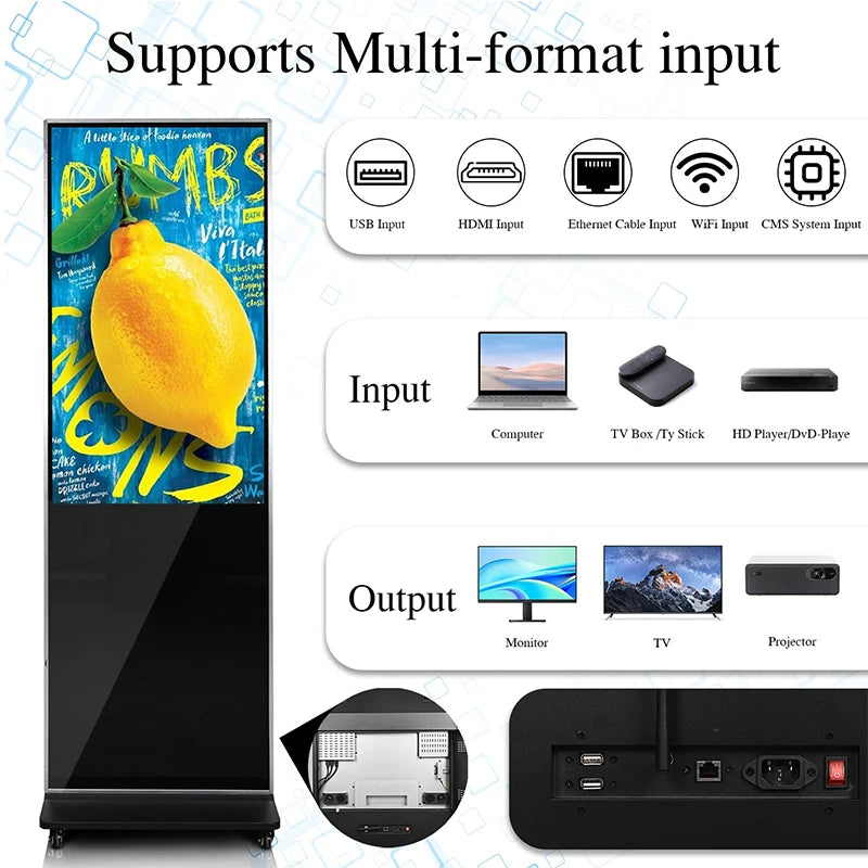 43-inch floor-standing black digital kiosk showing a vibrant lemon display, connectivity ports, and input/output options.
