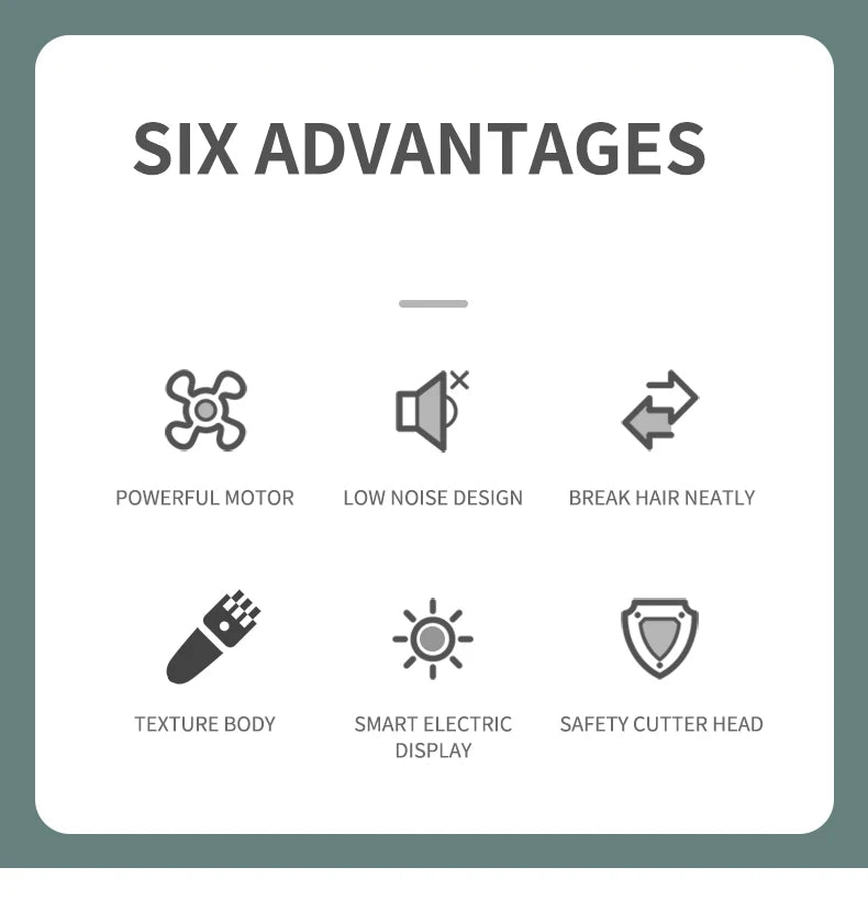 Infographic showing six key features of the electric hair trimmer: powerful motor, quiet operation, and safety head.