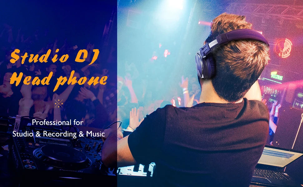 A DJ wears dark purple, over-ear wired studio headphones while performing at a vibrant nightclub.