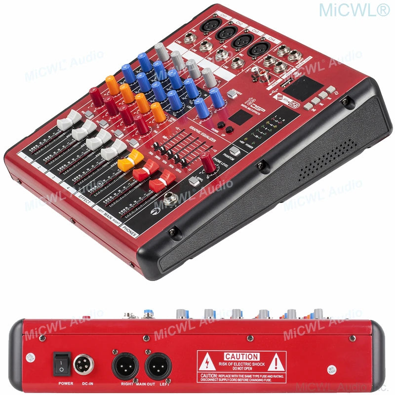 Red multi-channel audio mixing console with colourful knobs, faders, USB input, Bluetooth, and graphic equaliser.