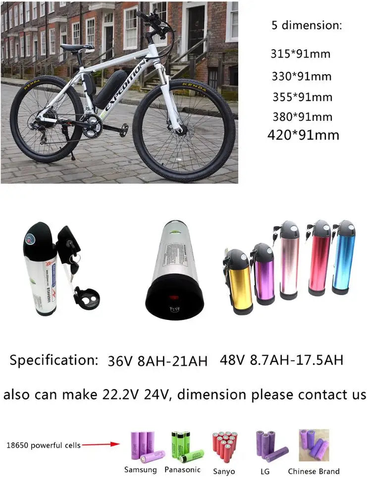 White mountain bike with a cylindrical electric battery pack and various colourful battery options and specifications.