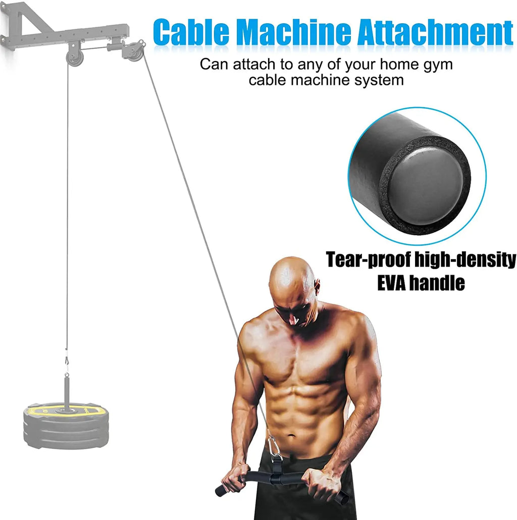 A shirtless man holding a cable machine attachment connected to a wall-mounted pulley and weights.
