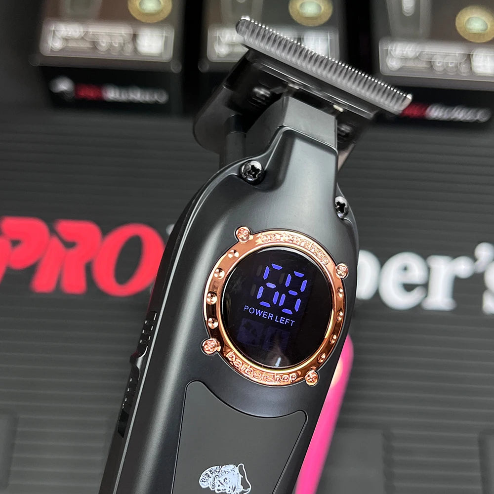 Black professional hair trimmer with a gold-accented digital LED power display and precision T-blade head.