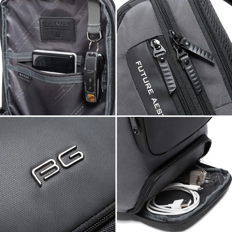 Grey anti-theft crossbody bag with organised interior compartments, sturdy zip pulls and external storage pockets.