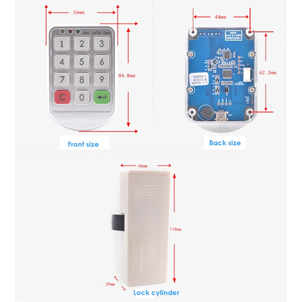 Silver metal digital keypad, blue circuit board interior, and white plastic lock cylinder with dimension labels.