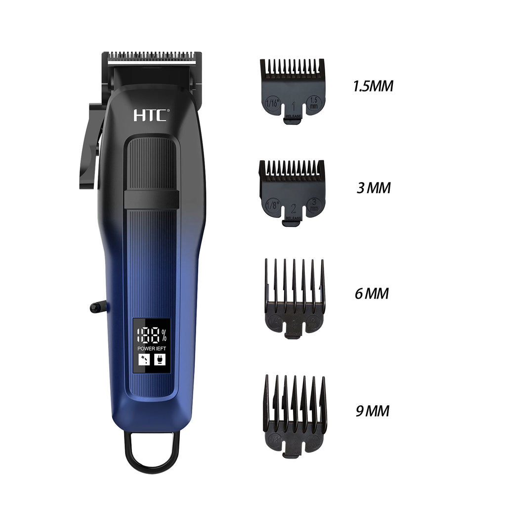 Professional cordless hair clipper in blue and black with an LED battery display and four styling attachment combs.