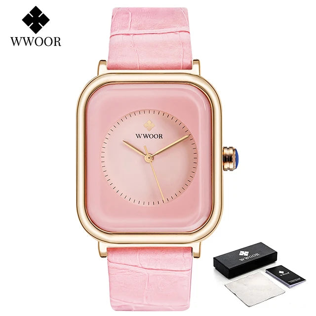 Elegant ladies' square fashion watch with a pale pink dial, gold-tone case and textured pink leather strap.
