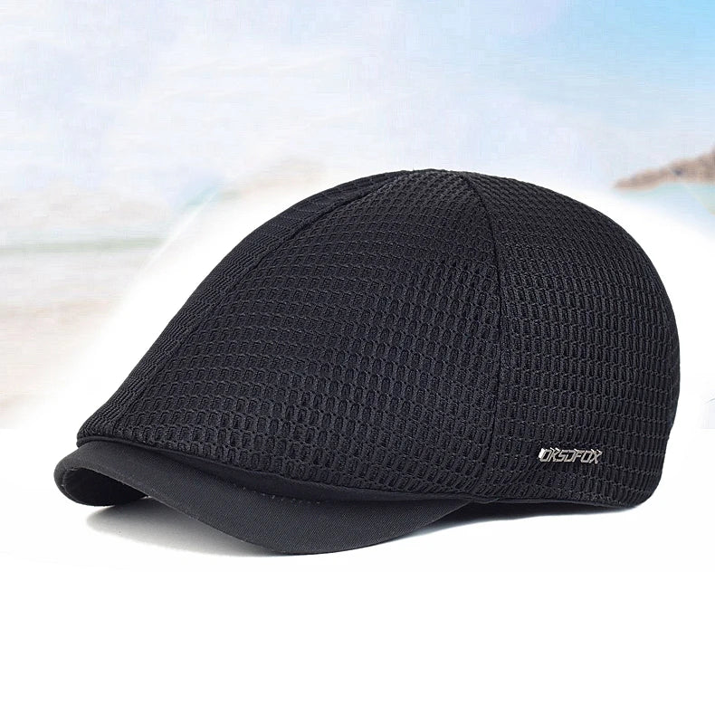 Black unisex flat cap in a breathable mesh fabric with a solid brim.