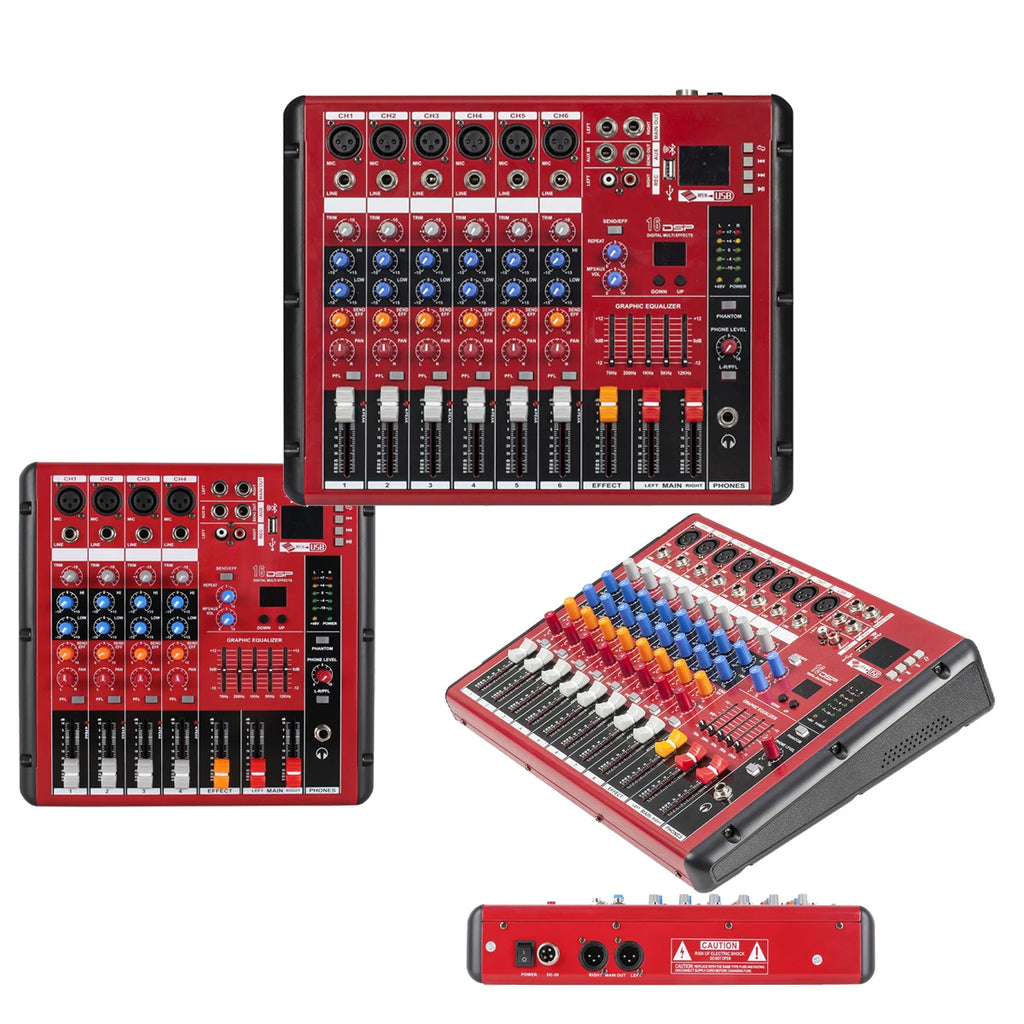 Red multi-channel audio mixing console featuring sliders, colourful control knobs, USB port, and Bluetooth connectivity.