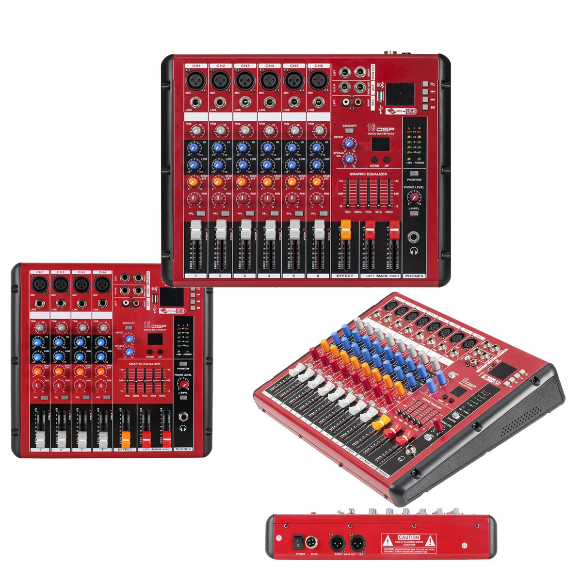 Red multi-channel audio mixing console featuring sliders, colourful control knobs, USB port, and Bluetooth connectivity.
