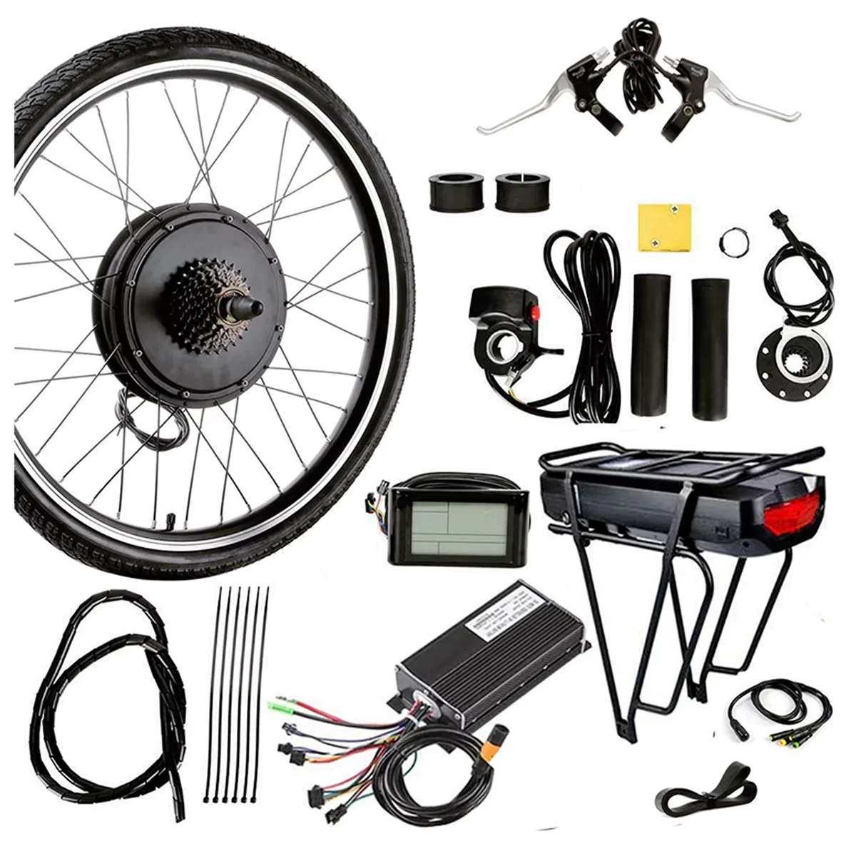 48V e-bike conversion kit including a motor wheel, rear rack battery mount, controller, throttle, and display unit.