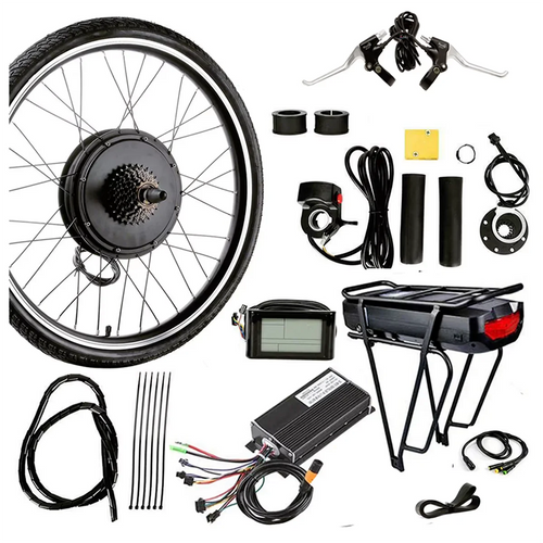 48V e-bike conversion kit including a motor wheel, rear rack battery mount, controller, throttle, and display unit.