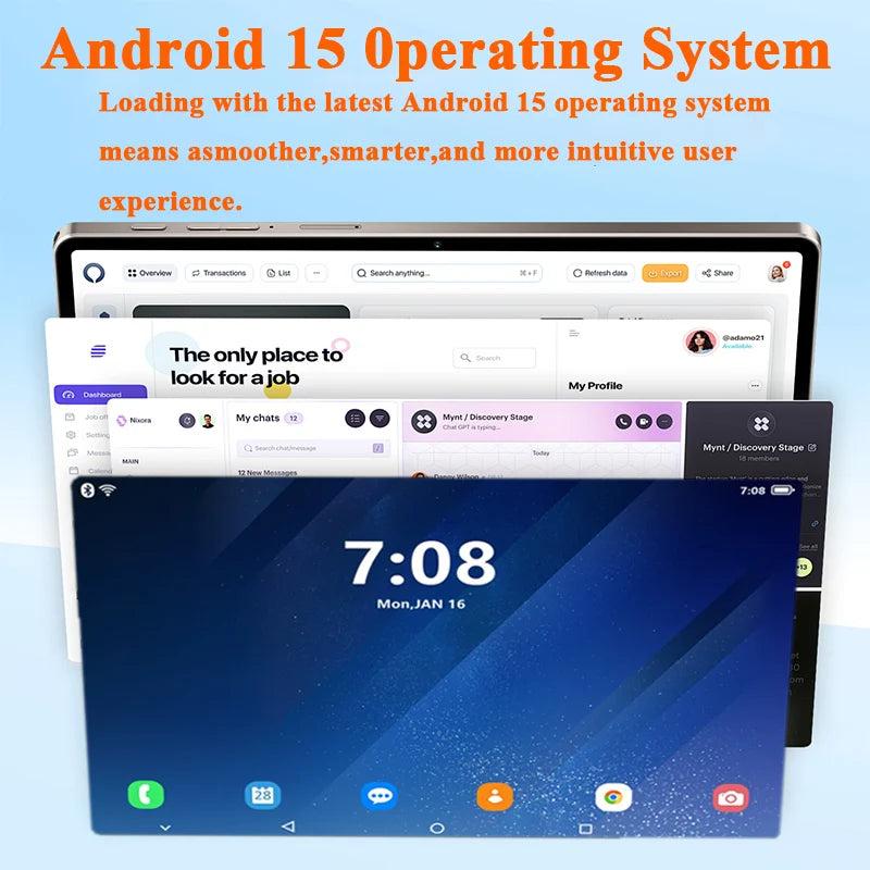 Sleek grey 10-inch Android 15 tablet displaying a home screen with app icons and a clear time and date interface.