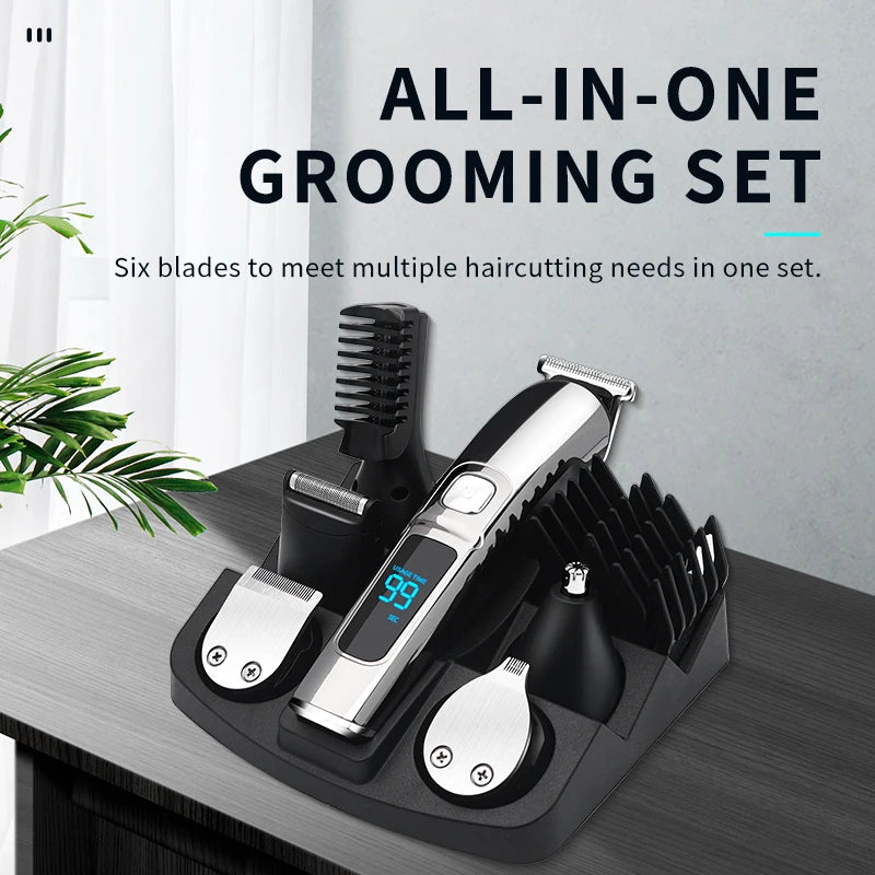 Professional 6-in-1 black and silver hair trimmer grooming set with charging base and digital LED display.
