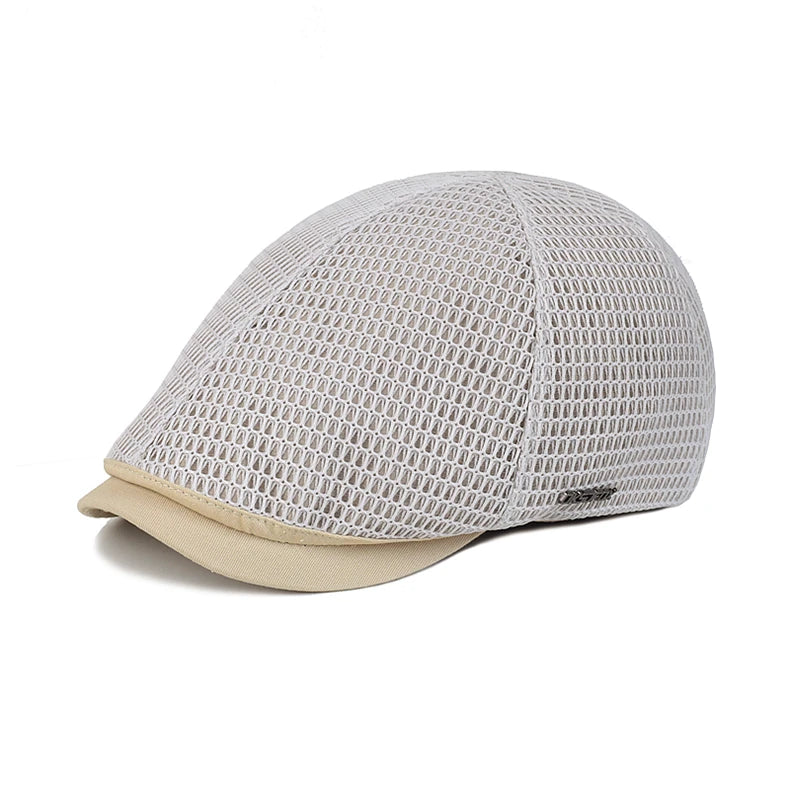 Unisex light grey breathable mesh flat cap with a solid beige peak.