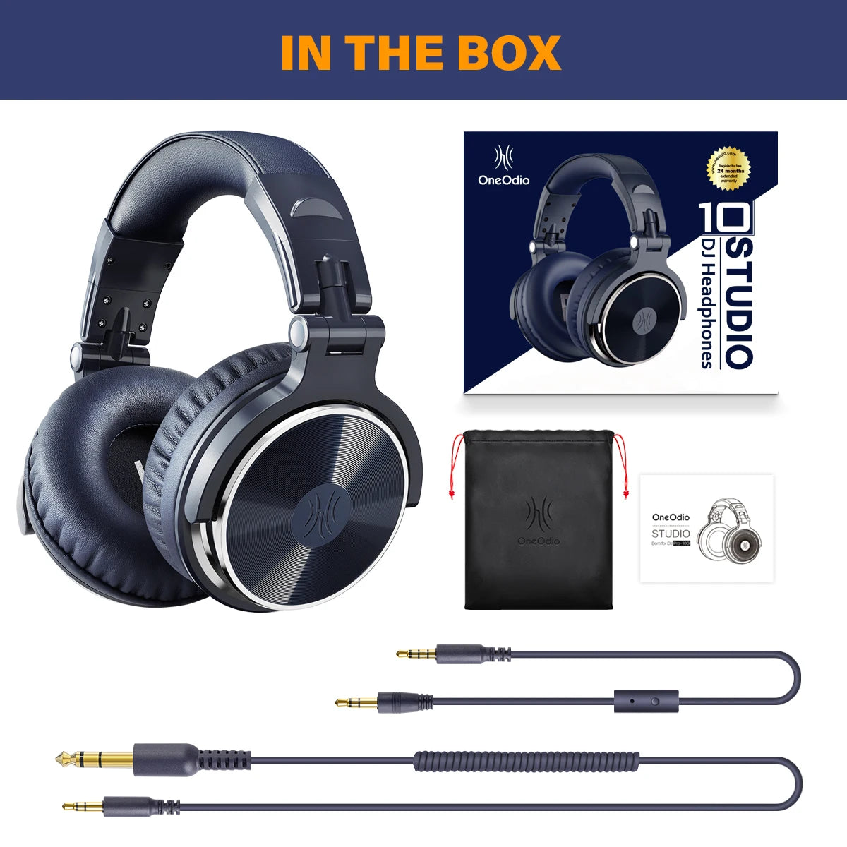 Dark blue wired DJ studio headphones with cushioned ear cups, storage pouch, user manual, and two audio cables.