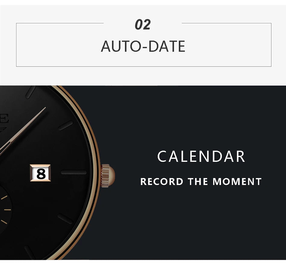Elegant, ultra-thin women's watch with a black dial, gold-tone accents, and a convenient date display window.