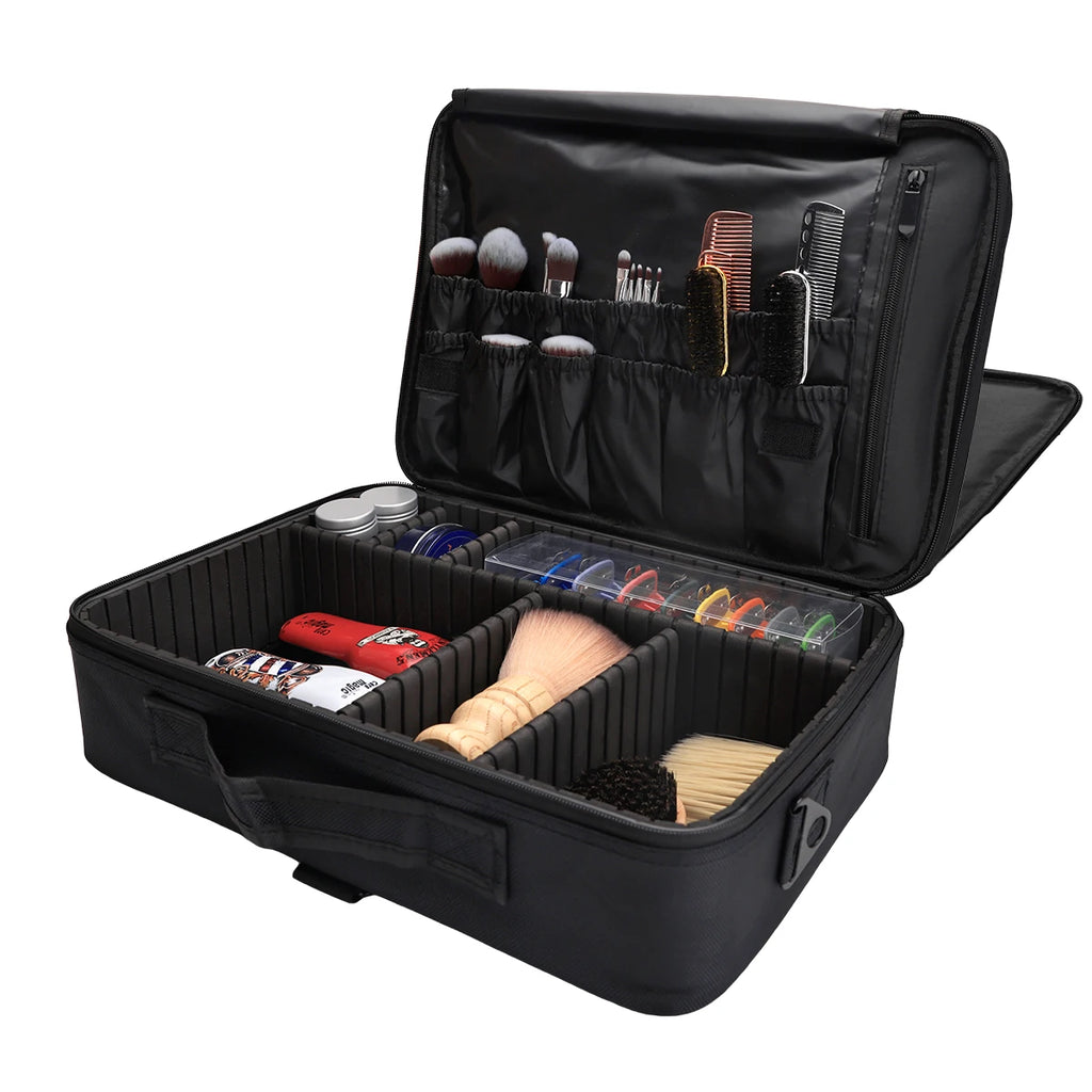 Black professional barber travel case with internal dividers and lid pockets for organised hair tools and accessories.