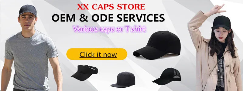 A selection of plain black baseball caps, visors and sports hats for men and women.