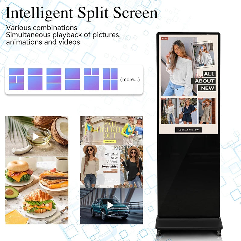 43-inch black floor-standing digital kiosk showing a multi-zone split screen for displaying images and video.