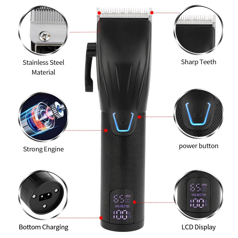 Black rechargeable hair trimmer with stainless steel blades, LCD battery display, power button and charging port.