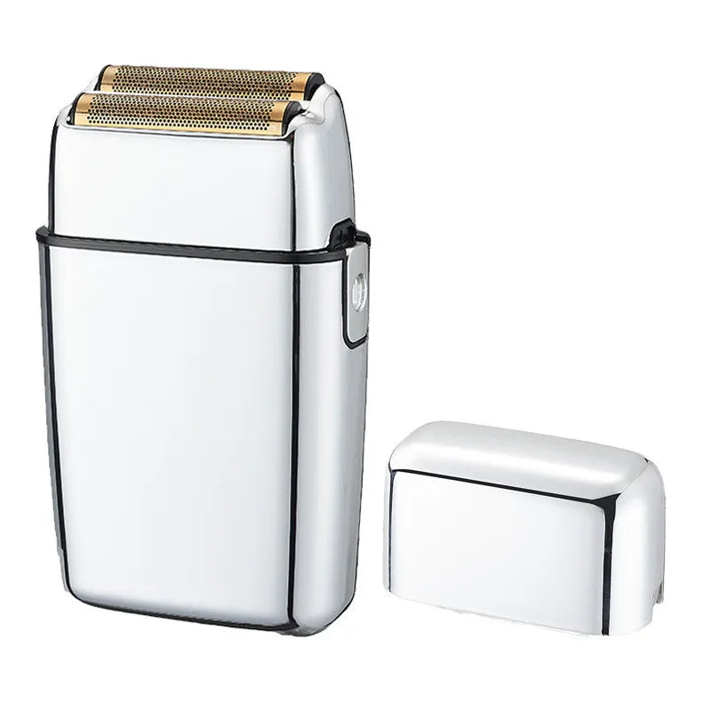 Professional rechargeable electric foil shaver with a sleek silver finish, dual gold foils, and a matching cap.