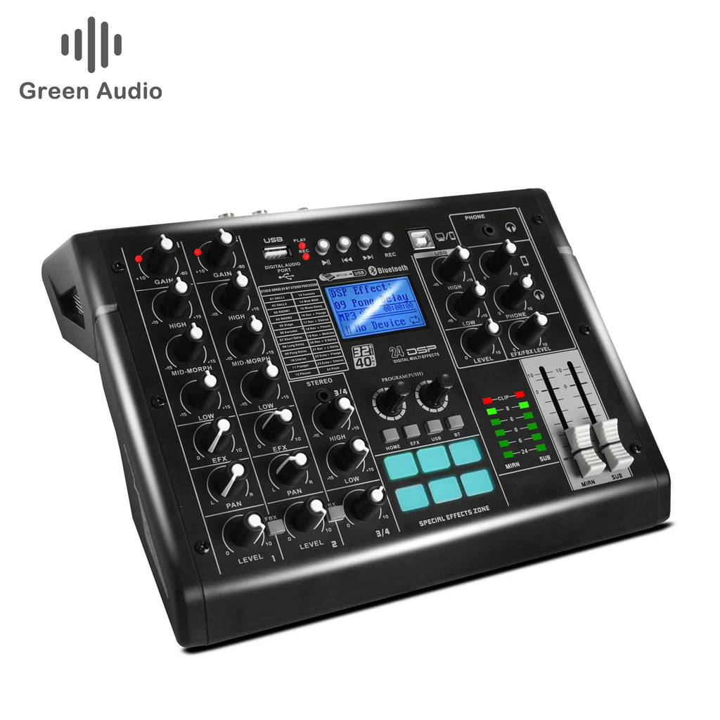 Black 4-channel professional audio mixer featuring a blue LCD screen, sound effect pads, knobs and fader controls.
