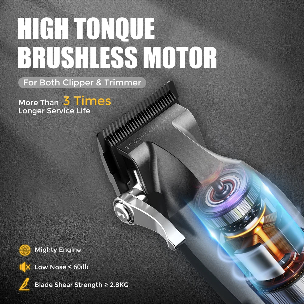 Professional matte black cordless hair clipper with a high-torque brushless motor and visible internal engine design.