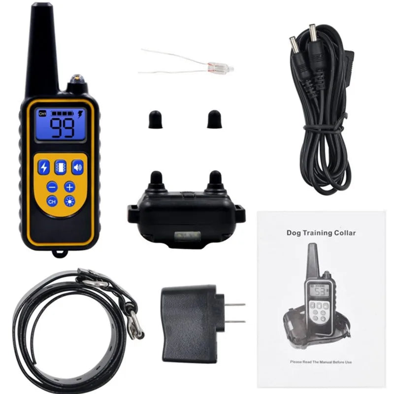 Black and yellow rechargeable dog training collar set, including remote, adjustable collar, charging cable, and manual.