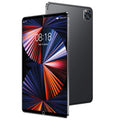 Slim grey 10.1-inch Android tablet featuring a vibrant abstract screen display and a triple-lens rear camera system.