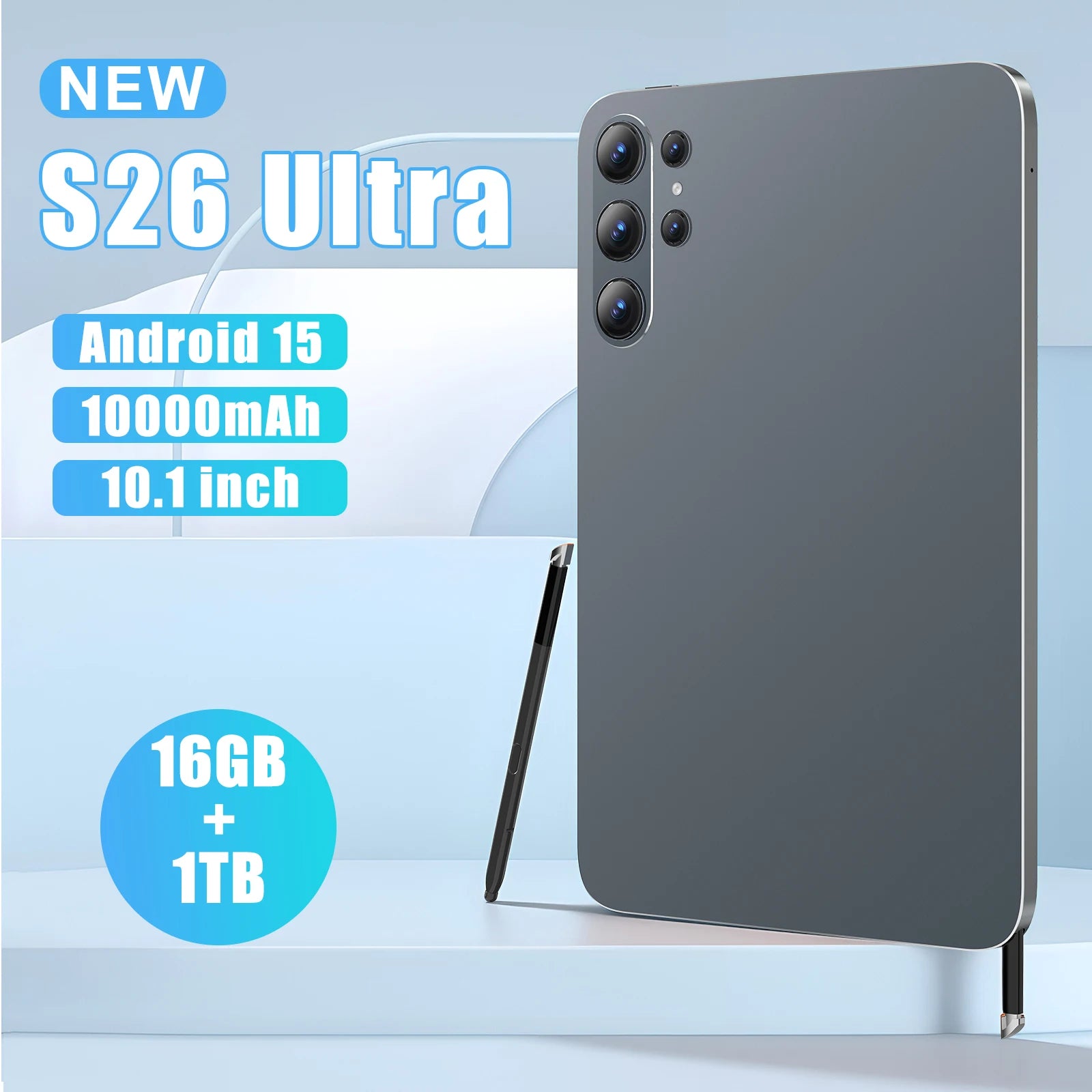 Grey 10-inch Android 15 tablet with 16GB RAM, 1TB storage, and a stylus, set against a light blue background.