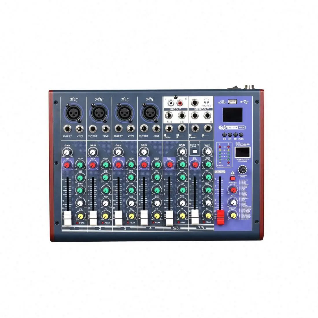 Dark blue 14-channel USB audio mixer with colourful control knobs, sliders, and a built-in digital effects display.