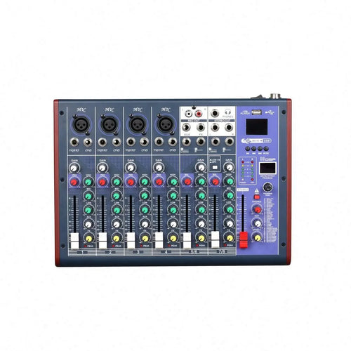 Dark blue 14-channel USB audio mixer with colourful control knobs, sliders, and a built-in digital effects display.