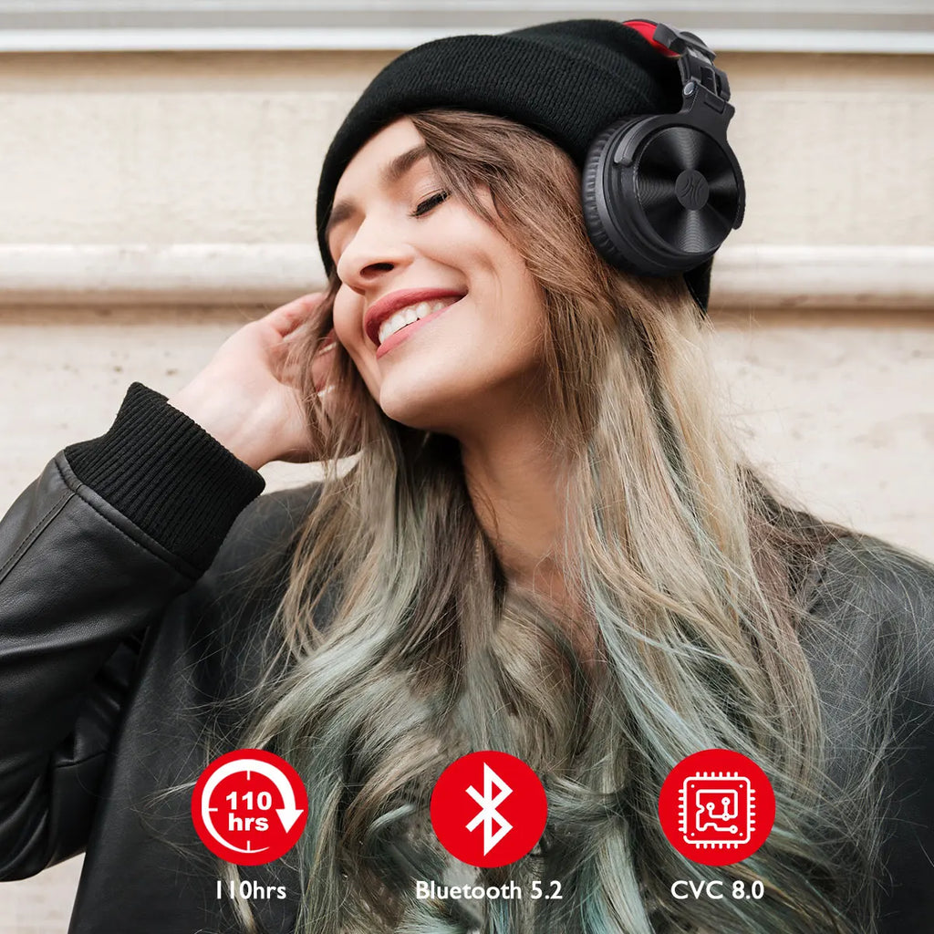 A woman wearing sleek black wireless over-ear headphones with 110-hour battery life, Bluetooth 5.2 and CVC 8.0 tech.