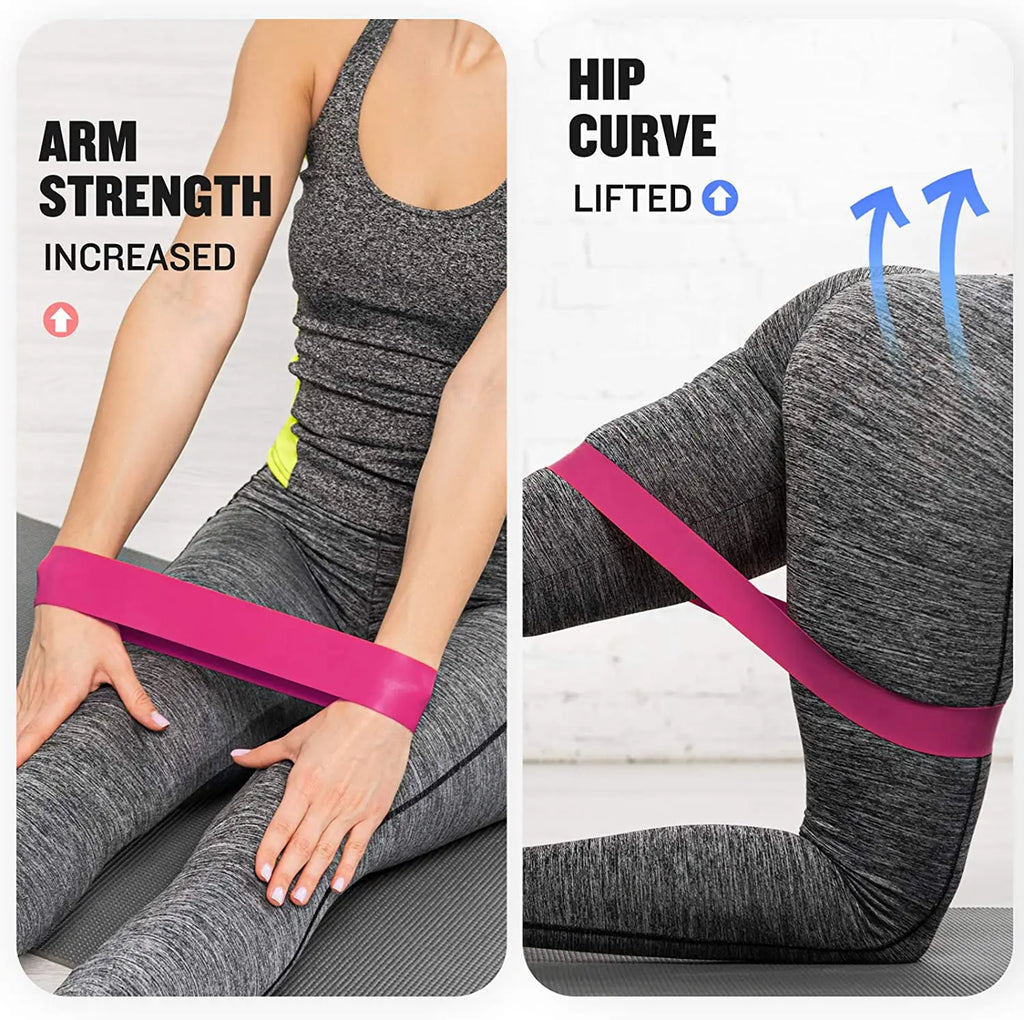 A split image showing a woman in grey gym wear using a pink resistance band for arm and hip exercises.