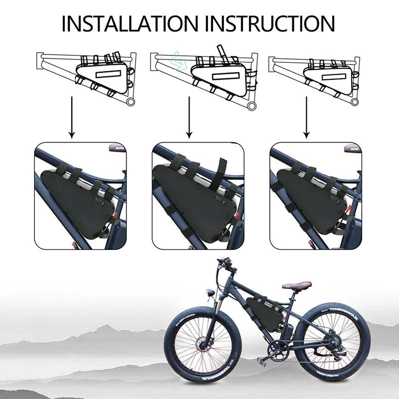 Black triangle electric bike battery pack shown with step-by-step strap installation guide on a mountain bike frame.