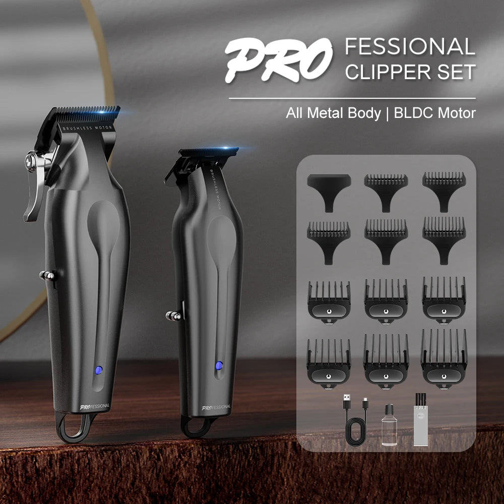 Professional cordless hair clipper set in matte black metal with multiple attachment combs, charging cable, and oil.